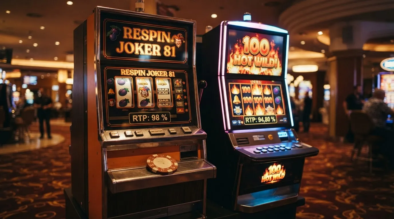 Dva automaty vedle sebe — klasický ovocný Respin Joker 81 a moderní 100 Hot Wild — s vizualizací procentuální návratnosti (RTP)