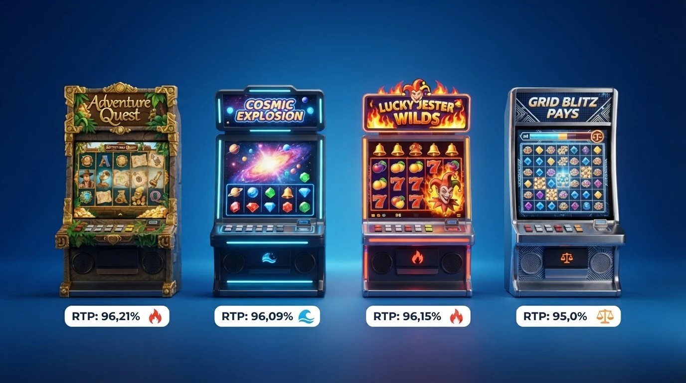 Čtveřice online automatů — Book of Dead, Starburst, Fire Joker a Multiplay 81 — seřazená sestupně podle hodnoty RTP od 96,21 % po 95 %, s grafickým vyznačením volatility u každého titulu