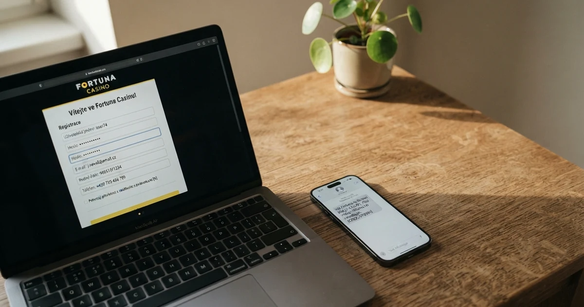 Registrační formulář online casina na obrazovce notebooku, vedle něj mobil s ověřovacím SMS kódem