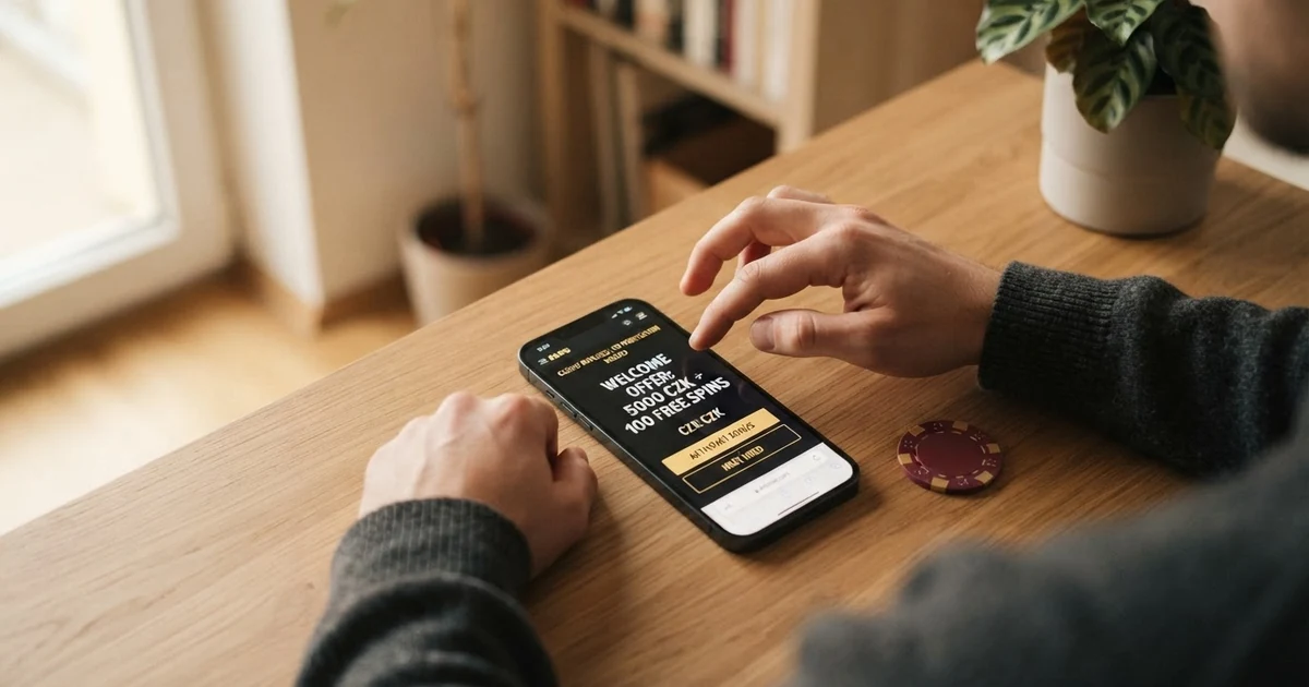 Hráč prohlíží nabídku casino bonusů na displeji mobilního telefonu, vedle něj leží občanský průkaz