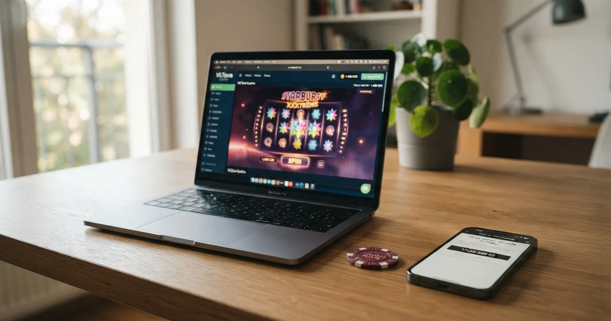 Online casino s českou licencí na monitoru notebooku, vedle něj mobil s touž stránkou a tlačítkem „Vložit 200 Kč“