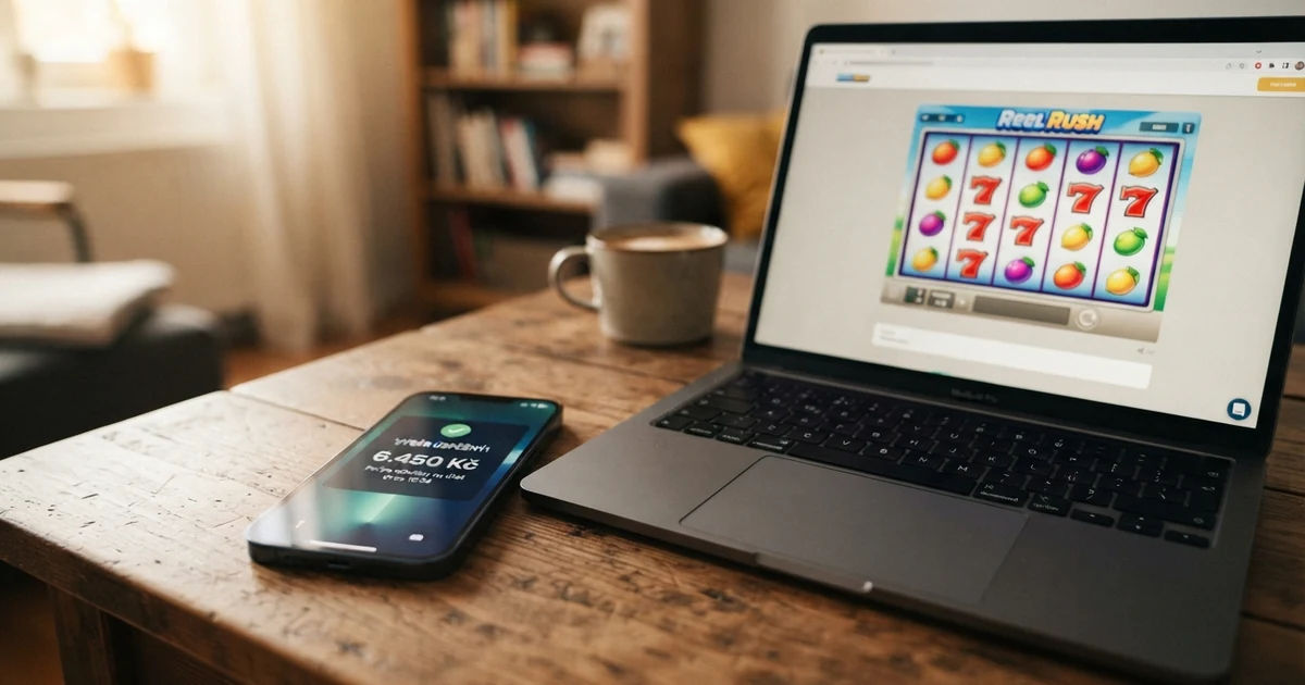 Online casino na obrazovce notebooku a mobilního telefonu, na displeji symbol rychlého výběru výher