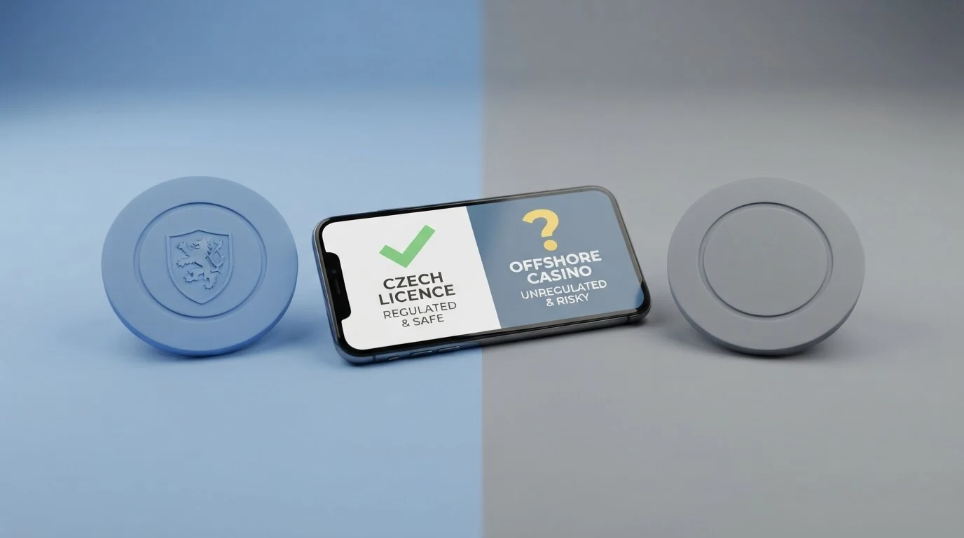 Symbol české licence MF ČR vedle symbolu offshore kasina bez licence