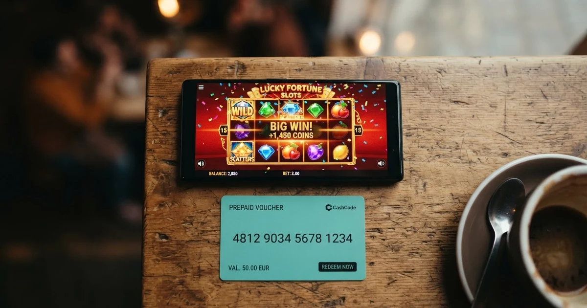 Online automaty na obrazovce notebooku, vedle něj Paysafecard kupón se 16místným kódem