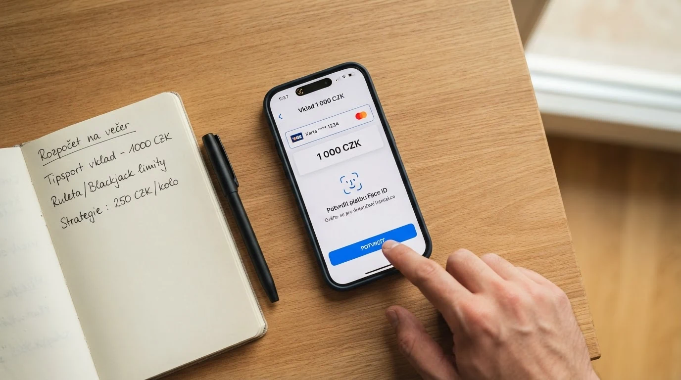 Sekvence kroků vkladu přes Apple Pay na obrazovce iPhonu — výběr metody, Face ID ověření, potvrzení transakce