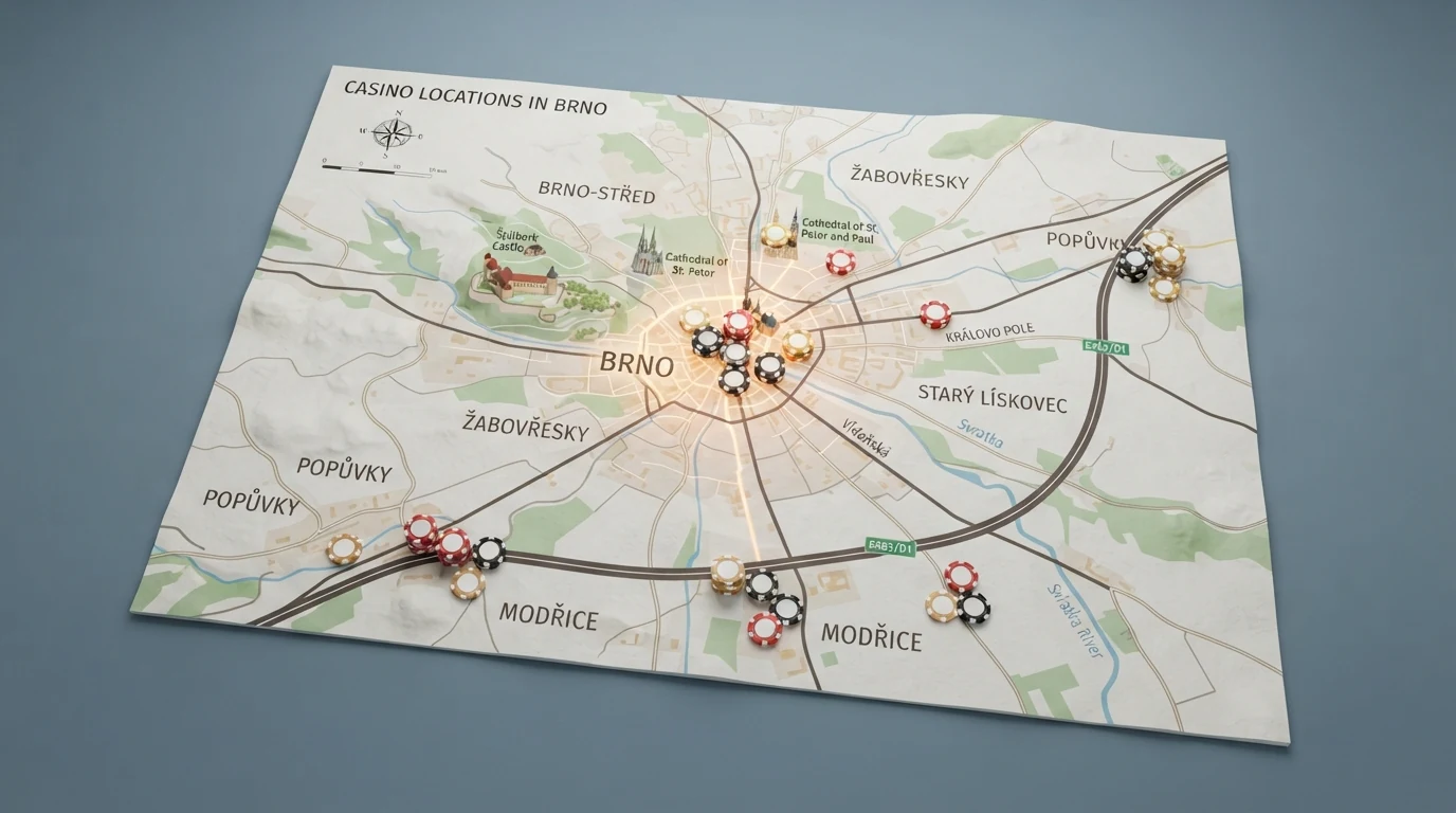 Mapa Brna s vyznačenými polohami kasin v centru a okolí