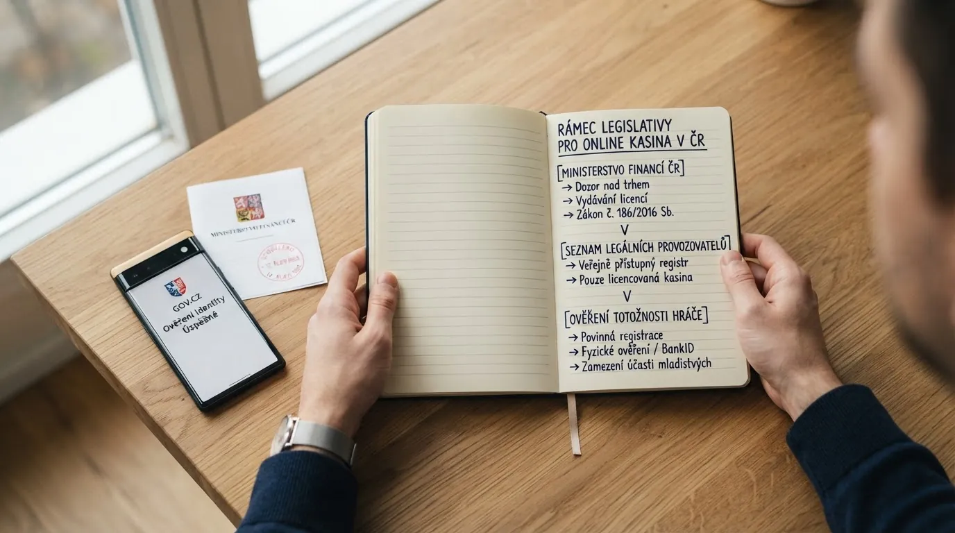 Ilustrace dokumentu s razítkem Ministerstva financí ČR a paragrafy zákona o hazardních hrách, v pozadí logo Celní správy