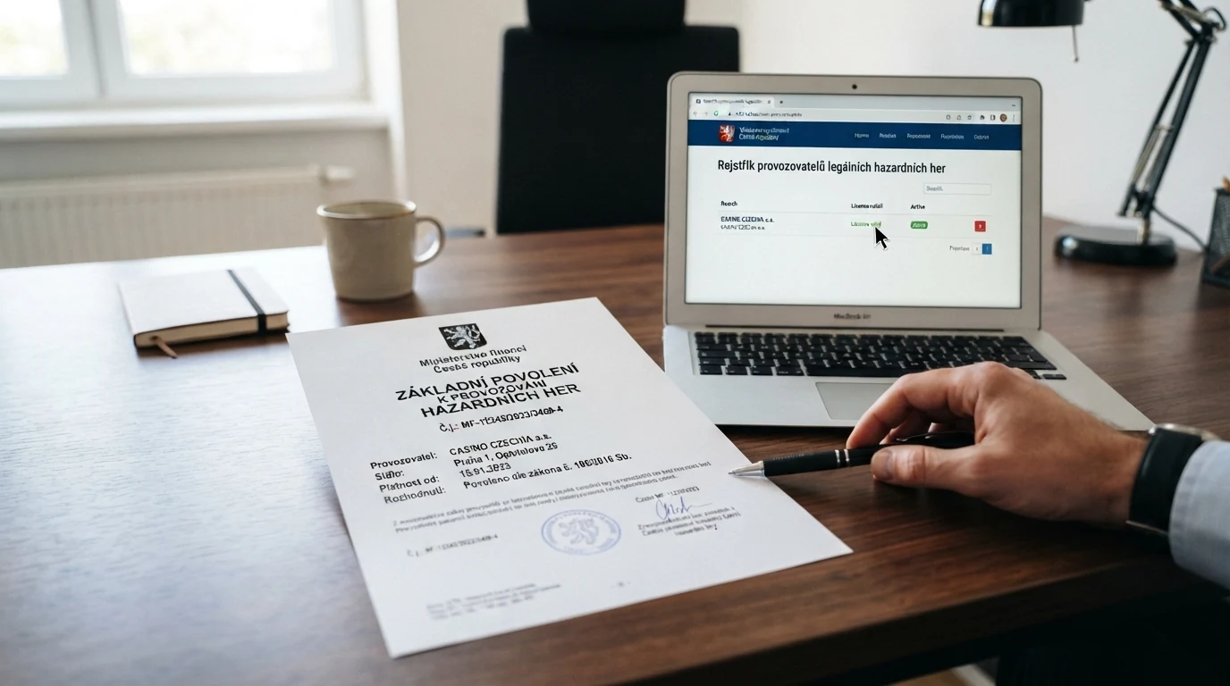 Úřední dokument s razítkem Ministerstva financí ČR a textem základního povolení k provozování hazardních her