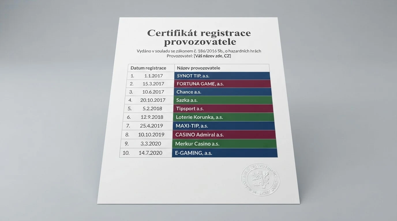 Dokument s razítkem Ministerstva financí ČR a loga licencovaných online casin