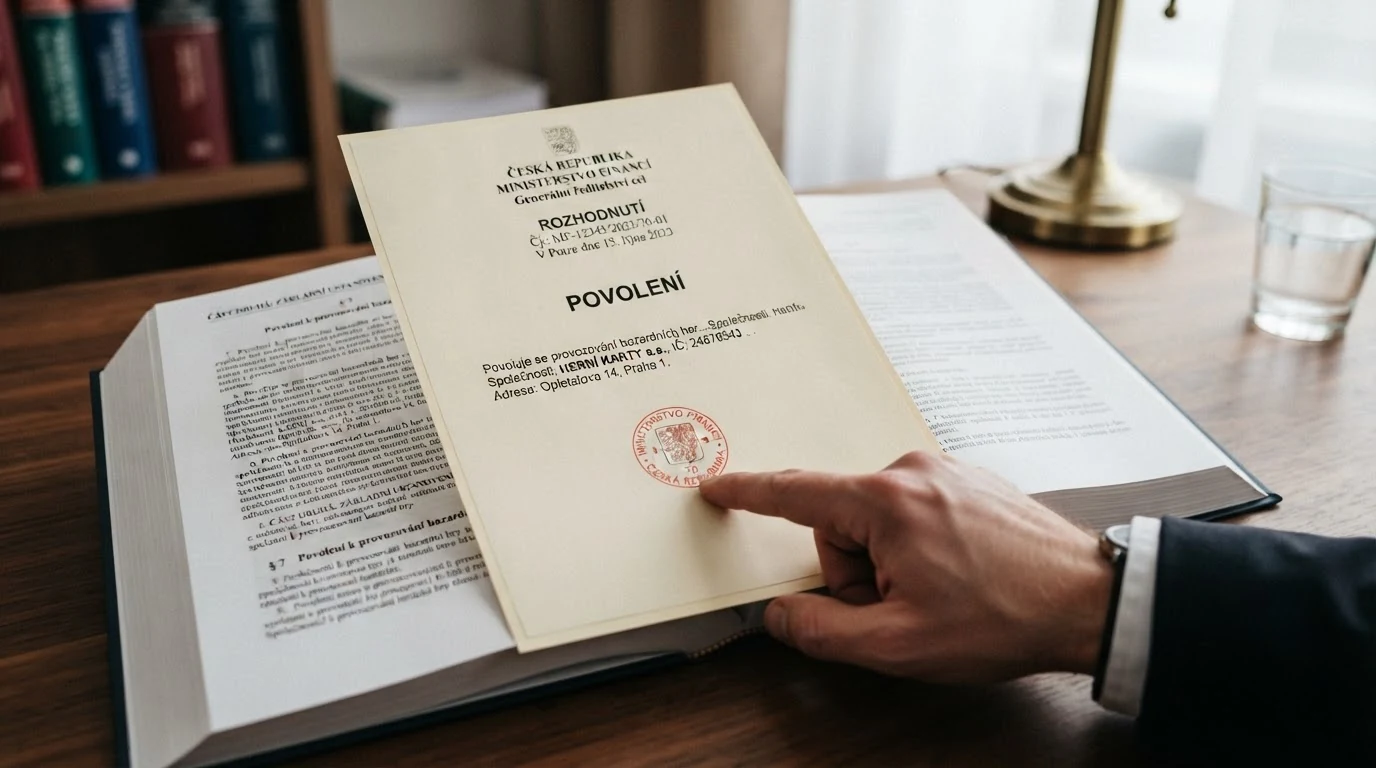 Detail úředního dokumentu s razítkem Ministerstva financí ČR a nápisem „Základní povolení“ položeného na paragrafovém znění zákona