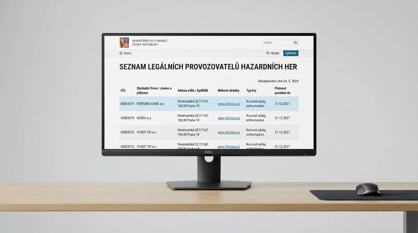 Detail výpisu ze Seznamu legálních provozovatelů MF ČR s logem ministerstva — zvýrazněné číslo základního povolení