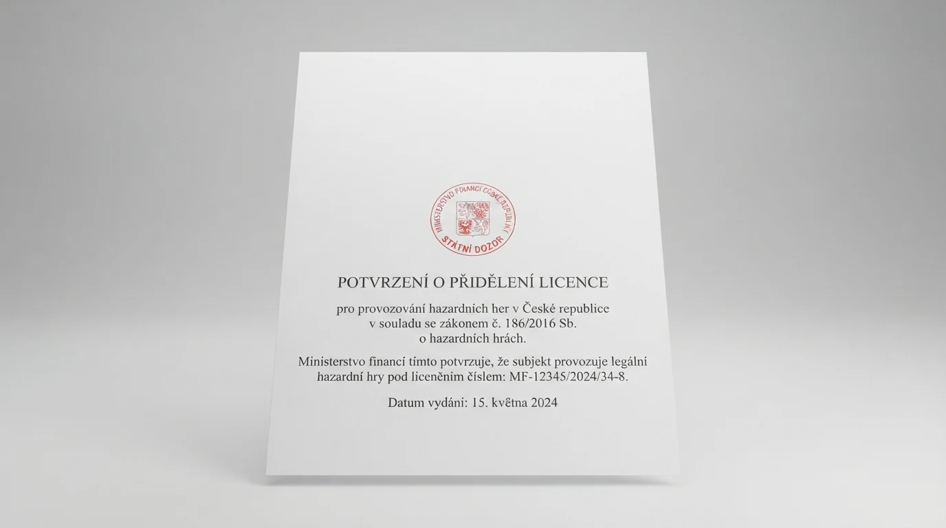 Výřez z oficiálního dokumentu Ministerstva financí ČR s razítkem a textem o licencování hazardních her