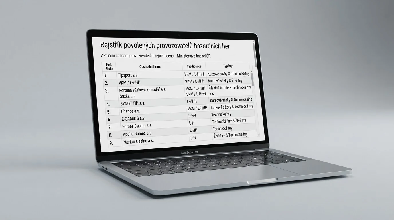 Výřez z veřejného Seznamu legálních provozovatelů hazardních her na webu Ministerstva financí ČR — sloupce s názvem společnosti, typem licence a druhem hazardní hry