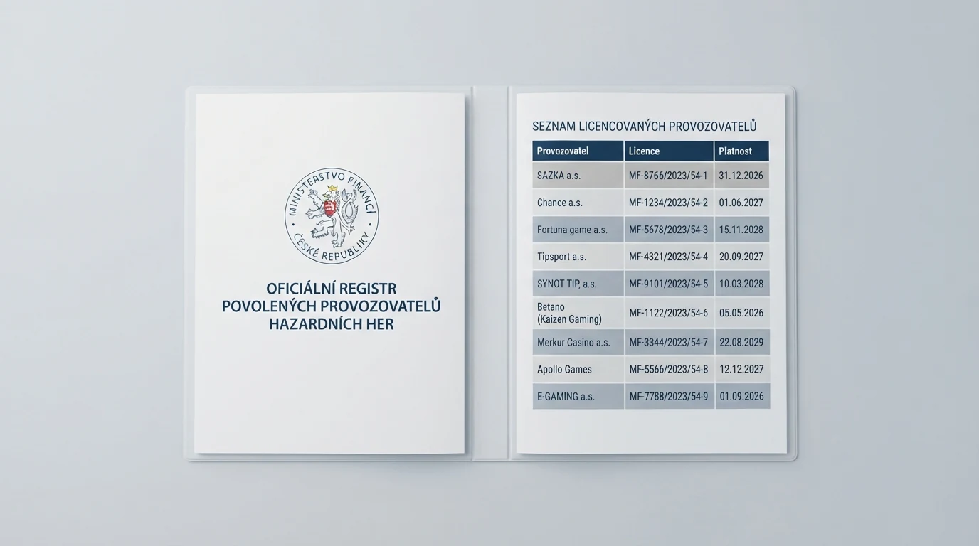 Výřez z oficiálního Seznamu legálních provozovatelů hazardních her na webu Ministerstva financí ČR s logem MF ČR