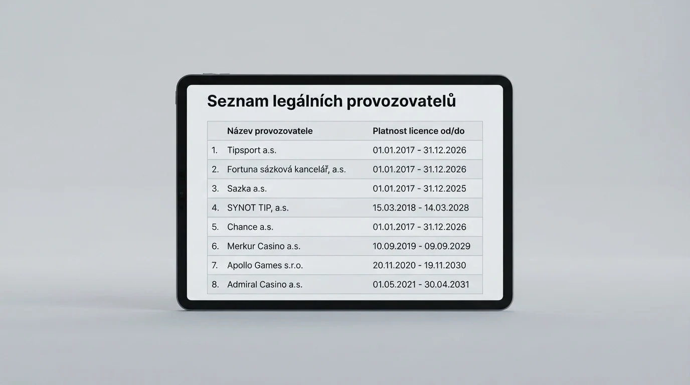 Výřez z veřejného Whitelistu Ministerstva financí ČR se seznamem legálních provozovatelů online hazardu
