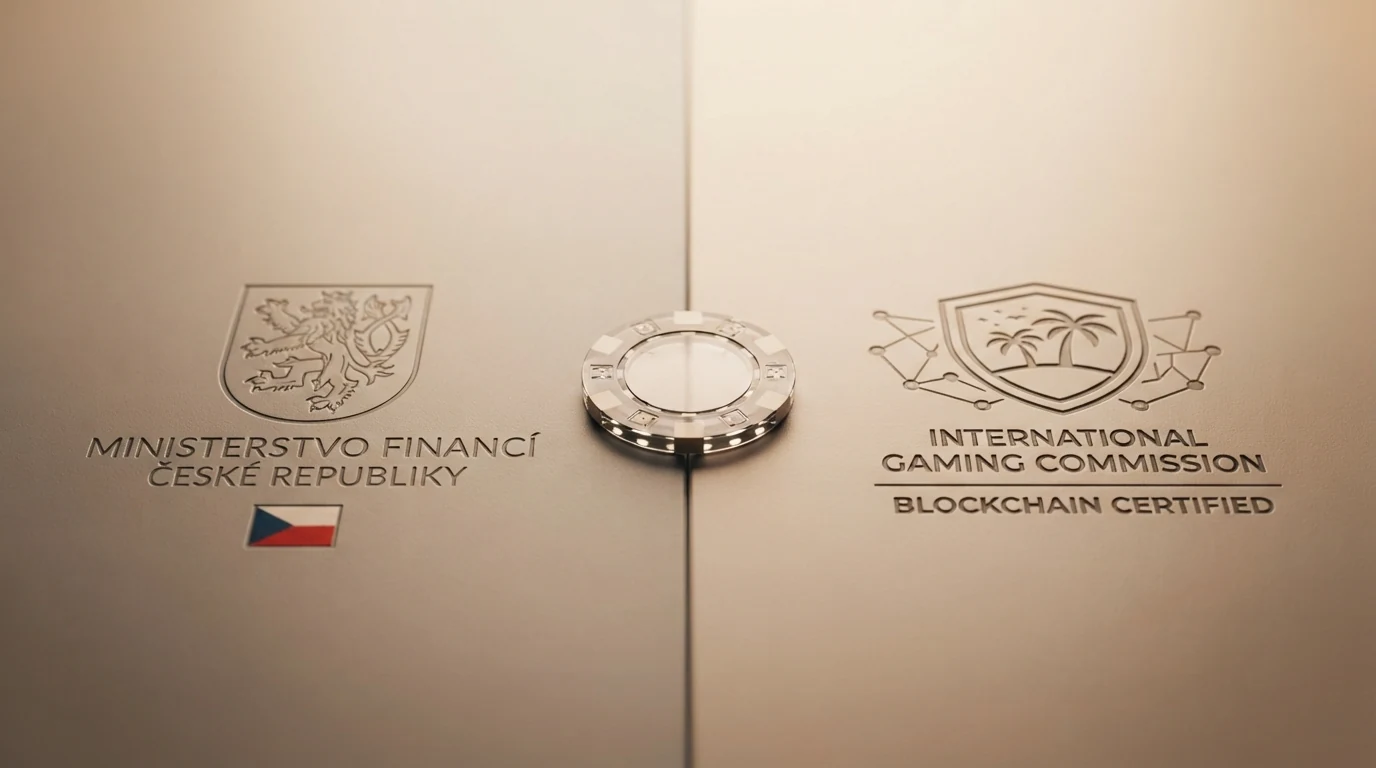 Srovnání dvou světů: logo MF ČR a česká vlajka na jedné straně, logo Curaçao eGaming na straně druhé — s ikonami RVO, právní ochrany a anonymity