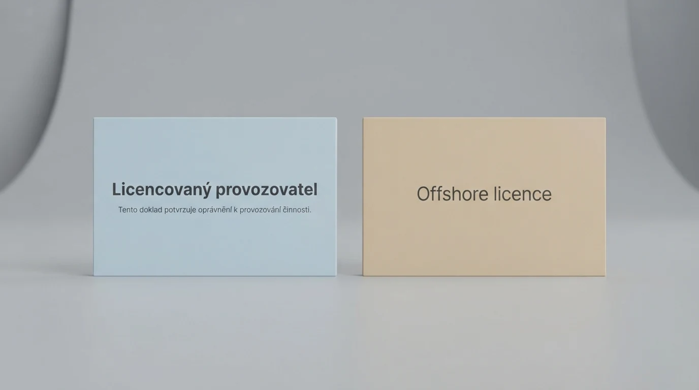 Výřez z veřejného seznamu licencovaných provozovatelů MF ČR vedle loga offshore licence (Curaçao eGaming) — kontrast mezi oficiálním dokumentem a jednoduchým logem.