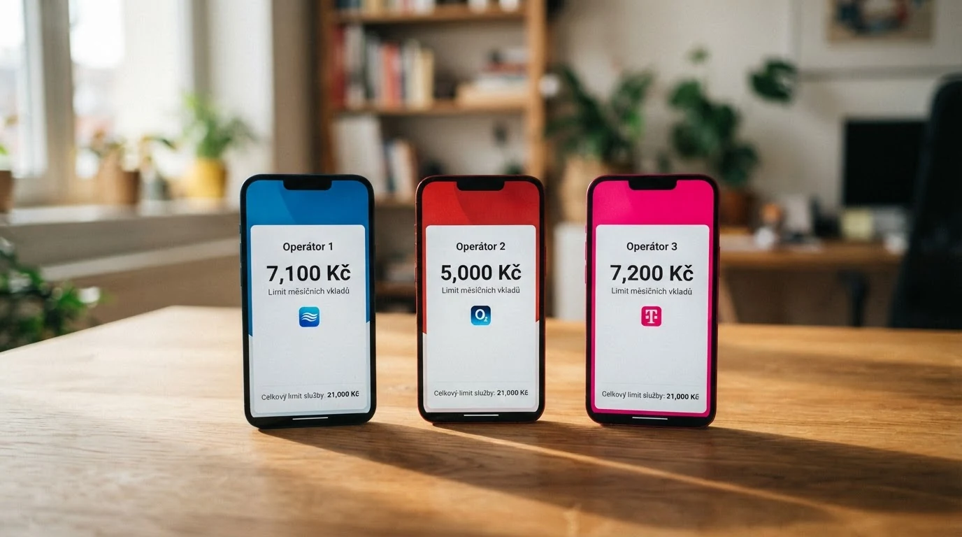 Infografika porovnávající měsíční limity O2 (7 100 Kč), Vodafone (5 000 Kč) a T-Mobile (7 200 Kč) s vyznačeným stropem NeteraPay 21 000 Kč a limitem jedné transakce 1 200 Kč