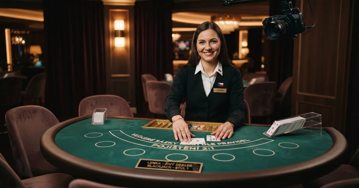 Krupiér u blackjackového stolu v živém přenosu rozdává karty hráčům