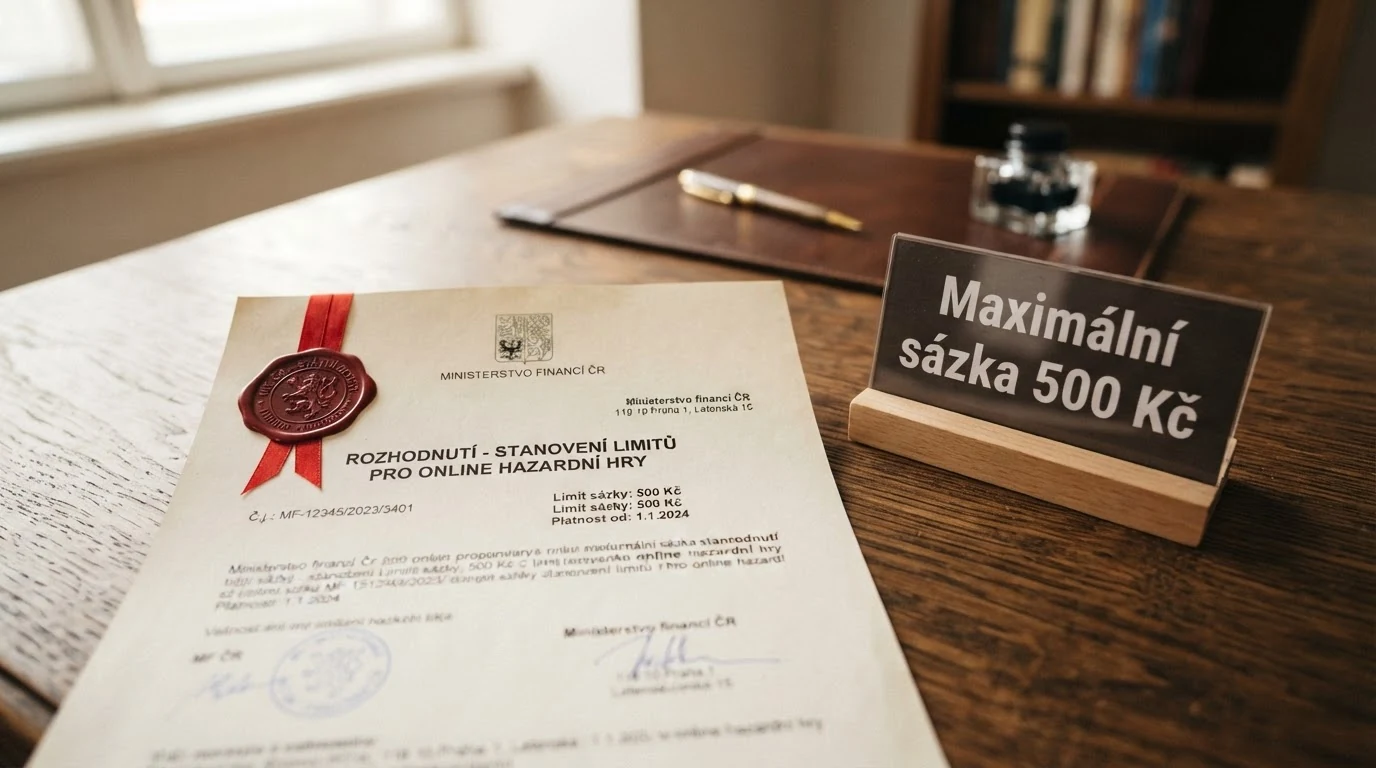 Dokument s paragrafy a pečetí MF ČR vedle symbolu maximální sázky 500 Kč