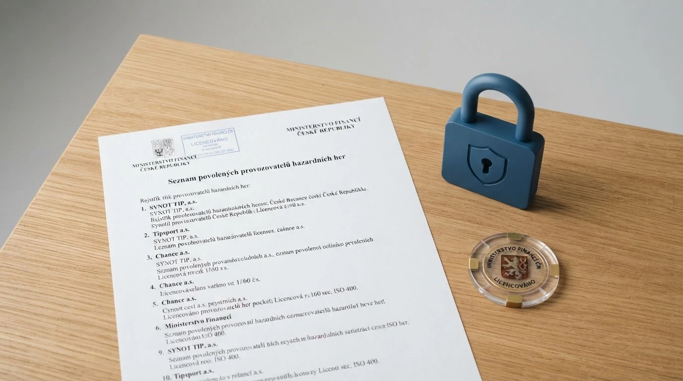 Koláž oficiálních dokumentů — výňatek ze Seznamu legálních provozovatelů MF ČR, symbol české státní správy, ikona bezpečnostního zámku