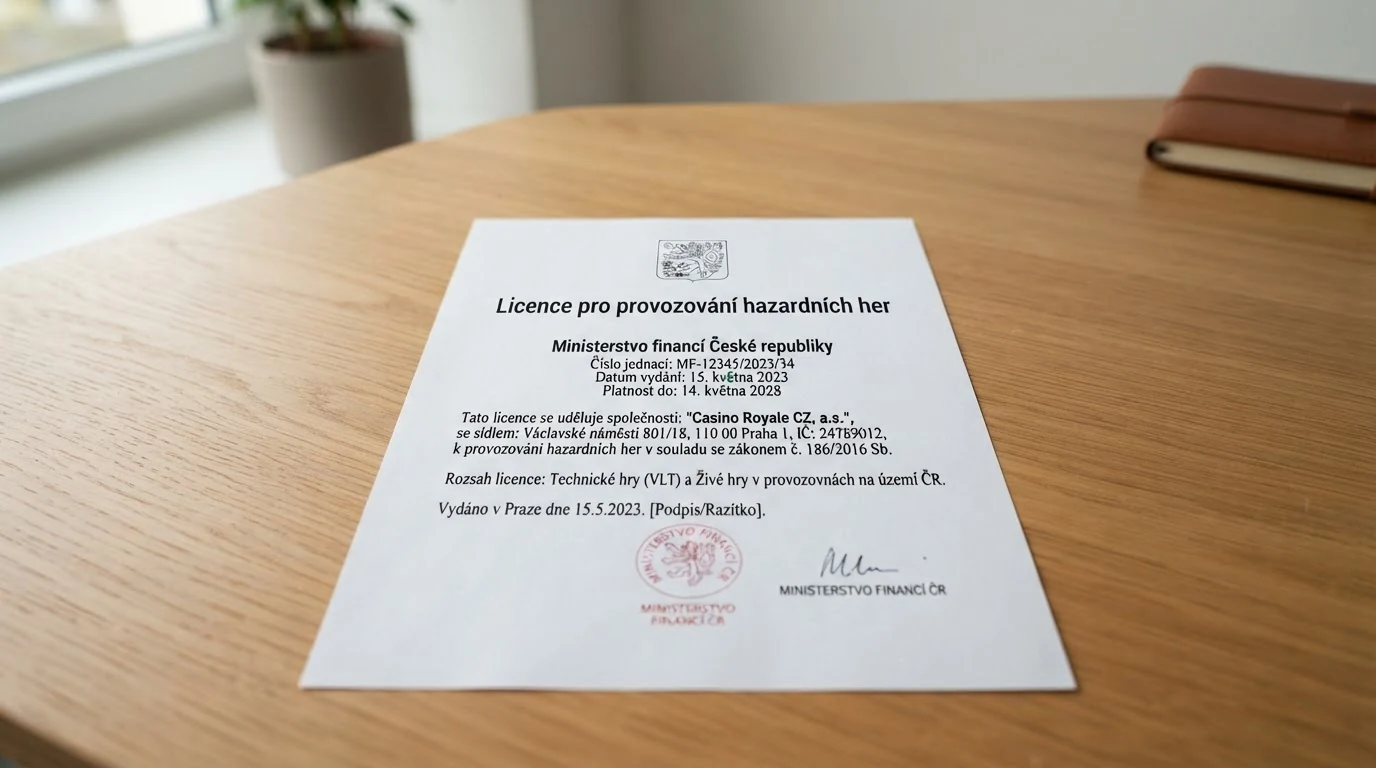 Úřední vývěska s logem Ministerstva financí ČR a textem o udělení licence — symbol české regulace
