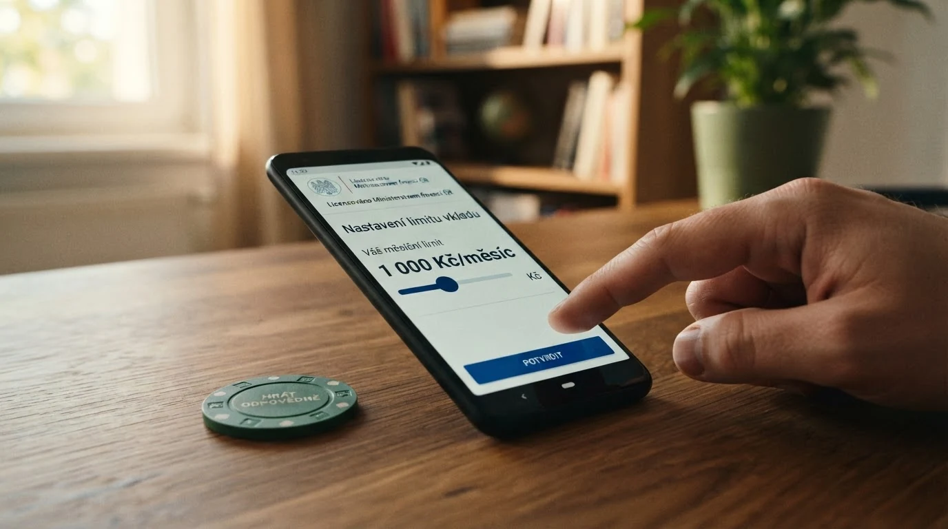 Úřední dokument s razítkem Ministerstva financí ČR vedle obrazovky s logem licencovaného online casina
