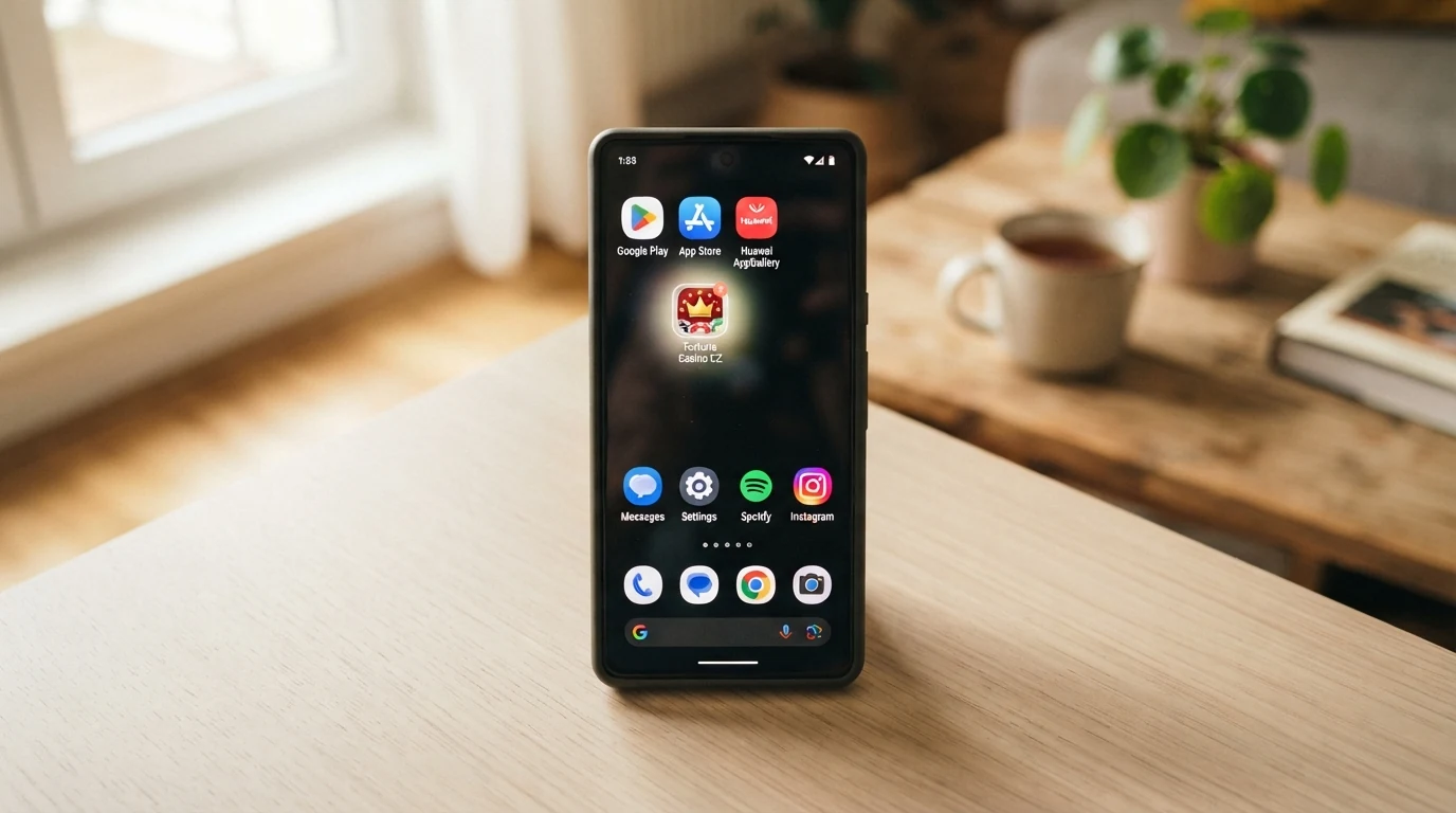 Mobilní telefon s otevřenou aplikací kasina na domovské obrazovce vedle ikon oficiálních obchodů s aplikacemi