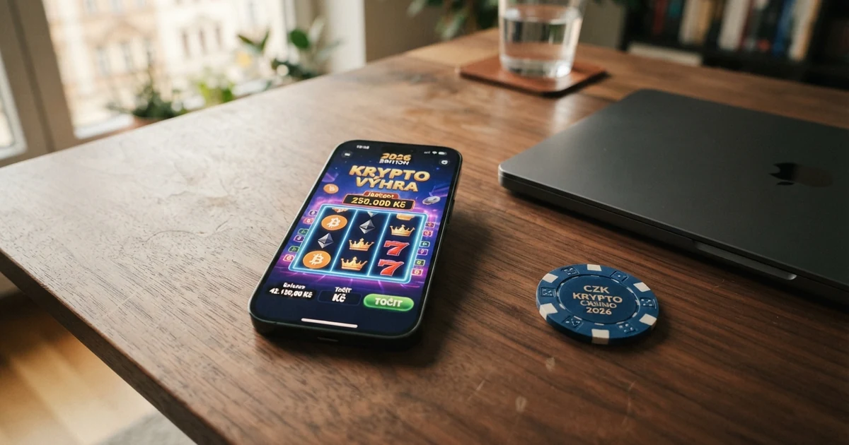 Koláž log a rozhraní předních krypto kasin na obrazovce notebooku, vedle něj mobil s otevřenou krypto peněženkou