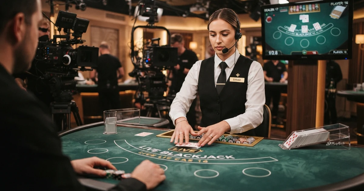 Krupiér u živého blackjackového stolu v přímém přenosu z profesionálního studia
