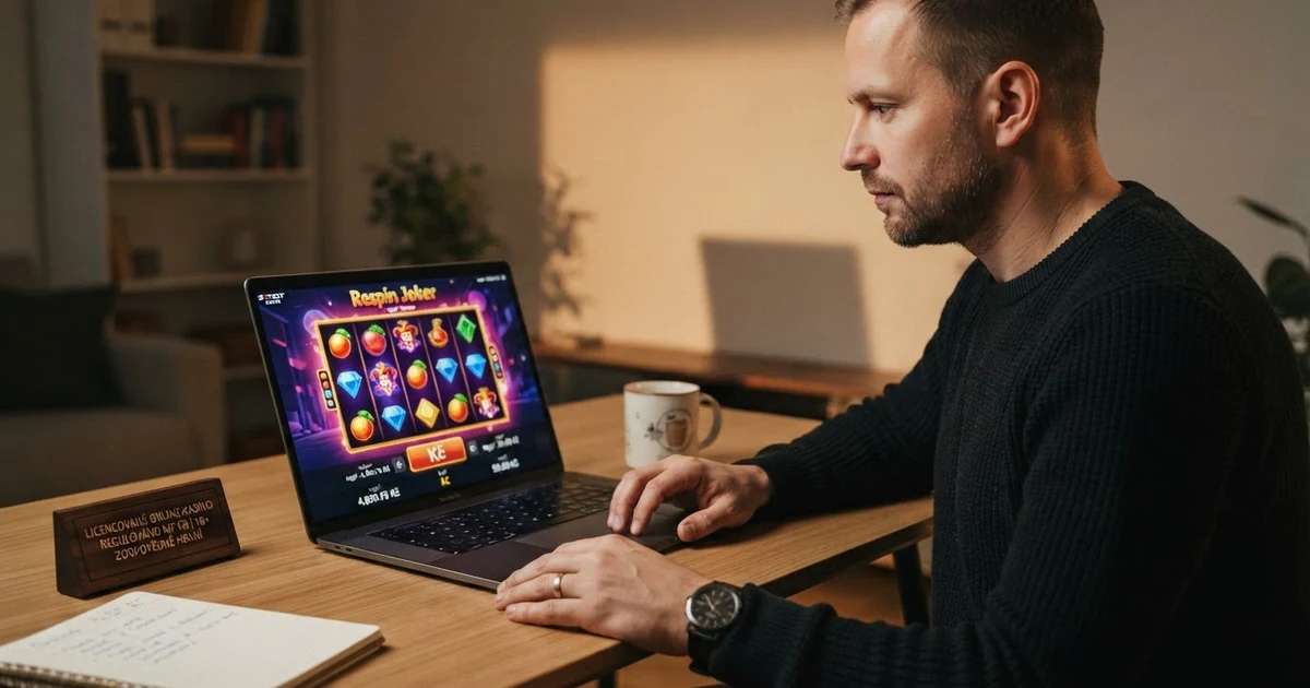 Hráč u počítače prohlíží přehled českých online casin s viditelným logem MFČR na obrazovce