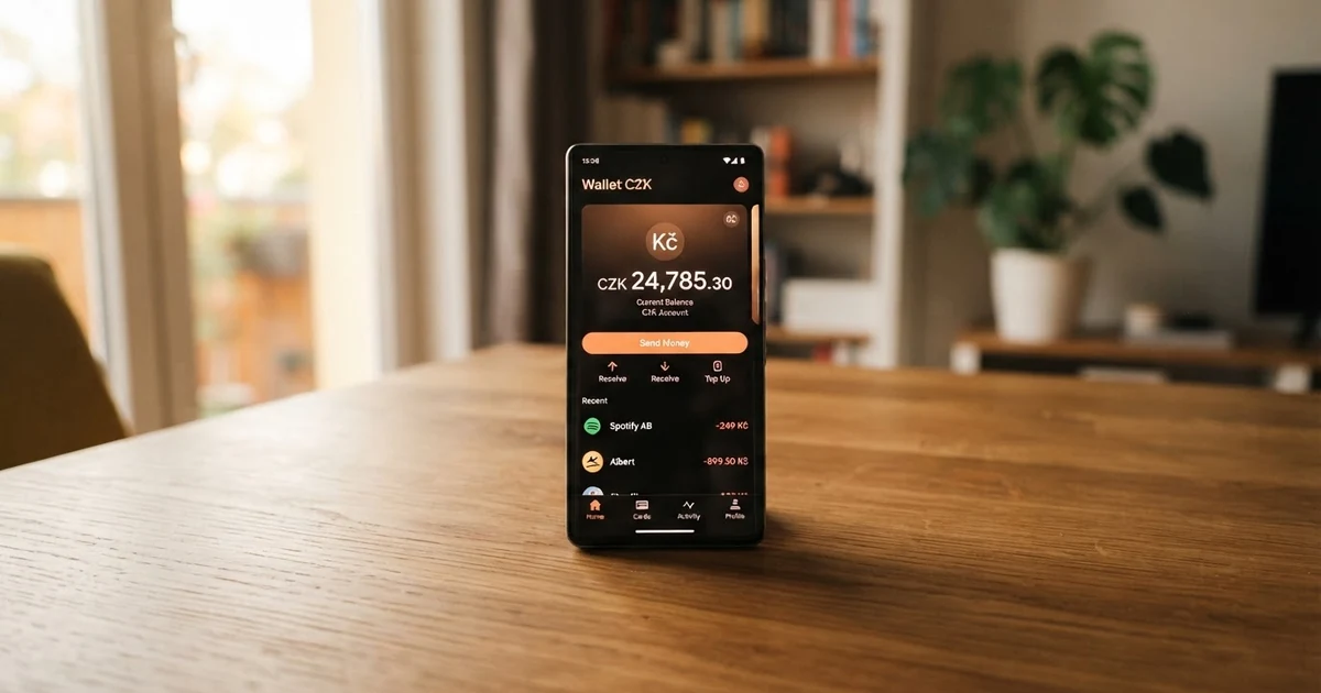 Elektronická peněženka Payz (dříve ecoPayz) na displeji telefonu — logo, rozhraní aplikace, ikony měn.