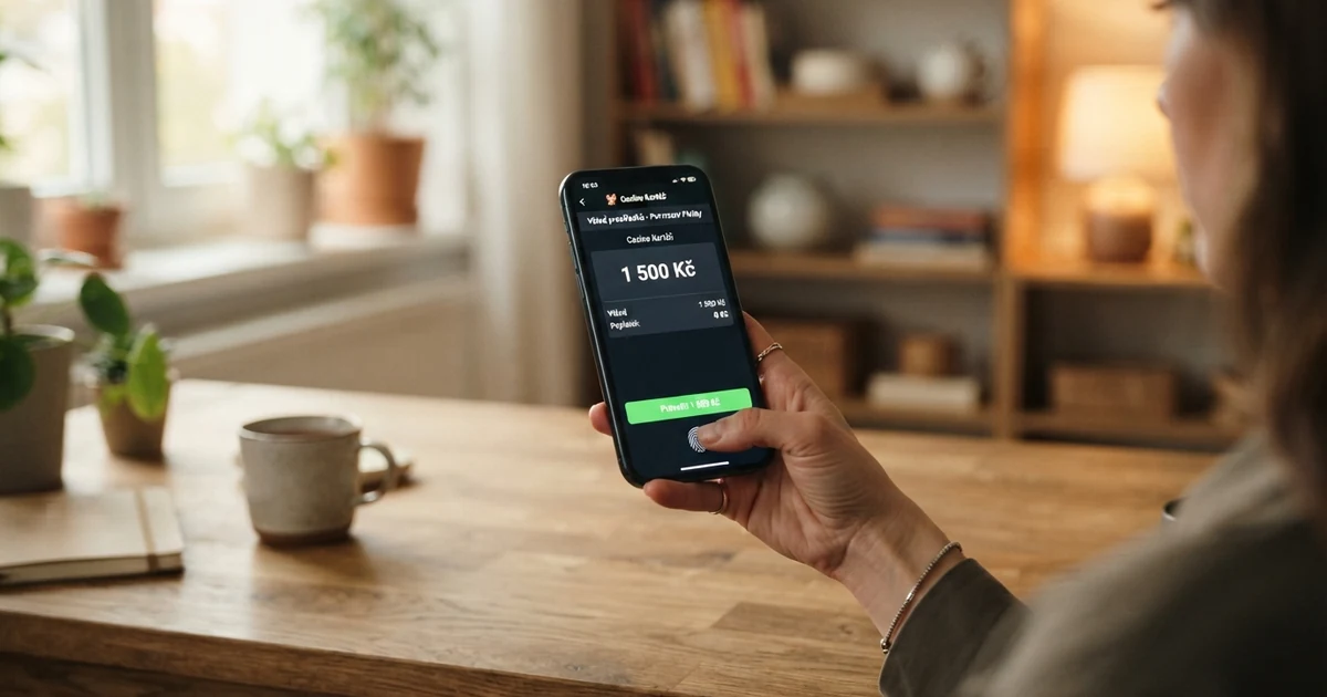 Hráč drží mobilní telefon s otevřenou Peněženkou Google a na displeji je vidět logo Google Pay, v pozadí rozhraní online casina