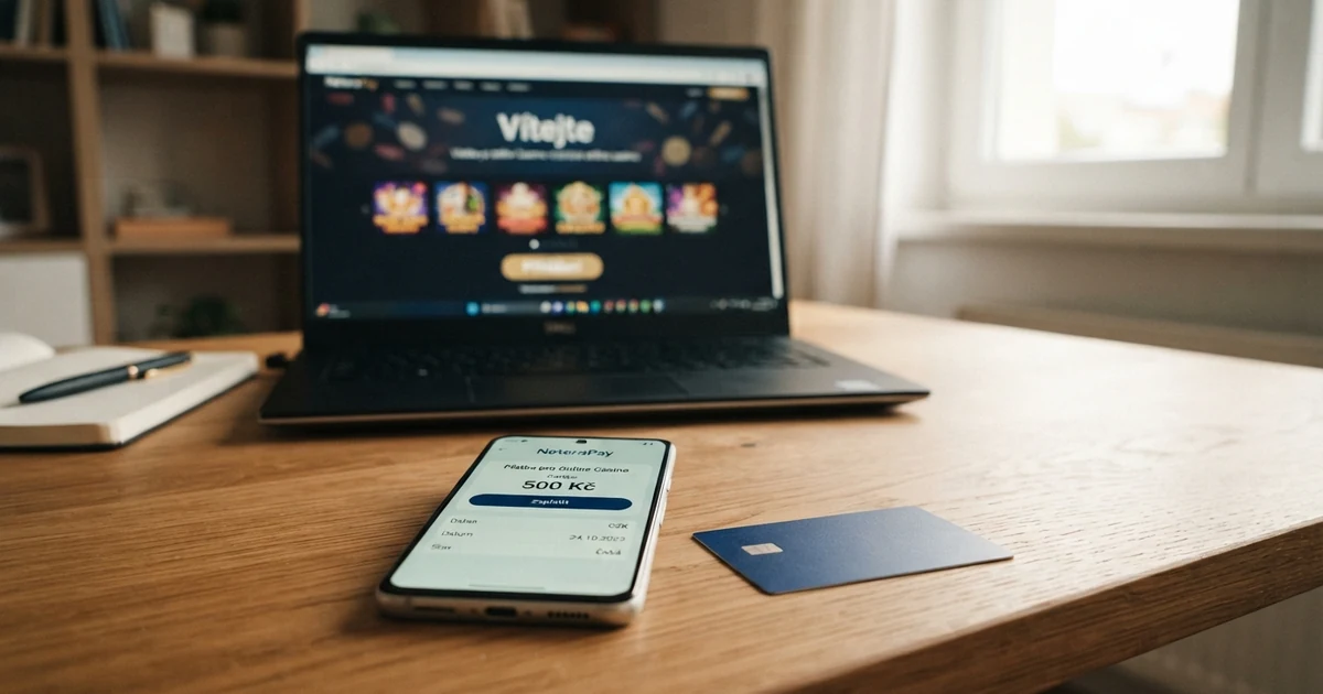 Displej telefonu s otevřenou aplikací NeteraPay, vedle něj leží platební karta a na obrazovce notebooku je vidět online casino
