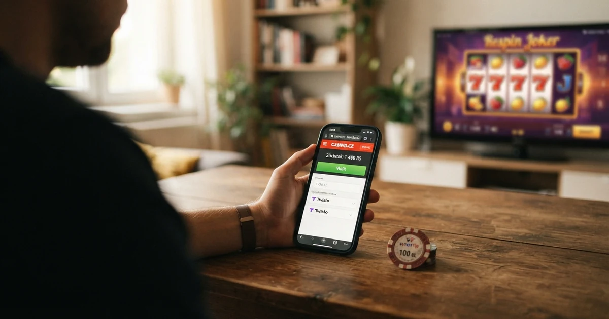 Hráč držící telefon s otevřenou aplikací online casina, na displeji logo Skrill a tlačítko Vložit — ilustrace vkladu přes e-peněženku