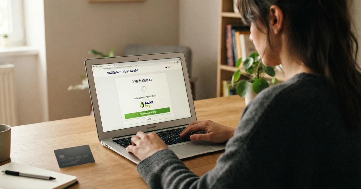 Hráč u notebooku zadává údaje platební karty Visa na stránce online casina, na obrazovce je vidět potvrzovací dialog vkladu