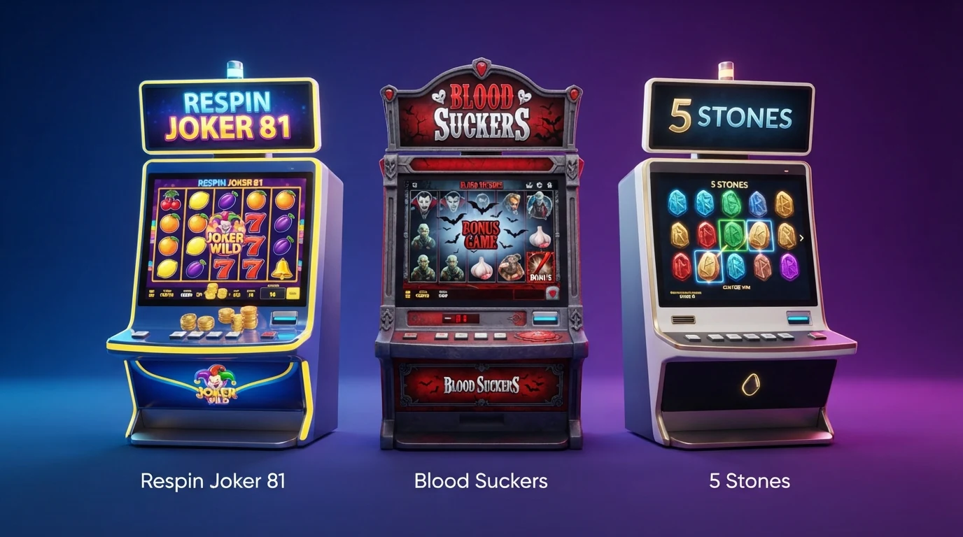 Koláž nejoblíbenějších online automatů — Respin Joker, Blood Suckers, 5 Stones — s vyznačeným procentem RTP.