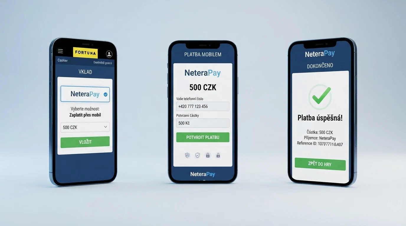 Schéma průběhu SMS vkladu přes NeteraPay — tři kroky od výběru metody v pokladně casina přes zadání čísla a potvrzovací SMS až po připsání částky na herní účet.