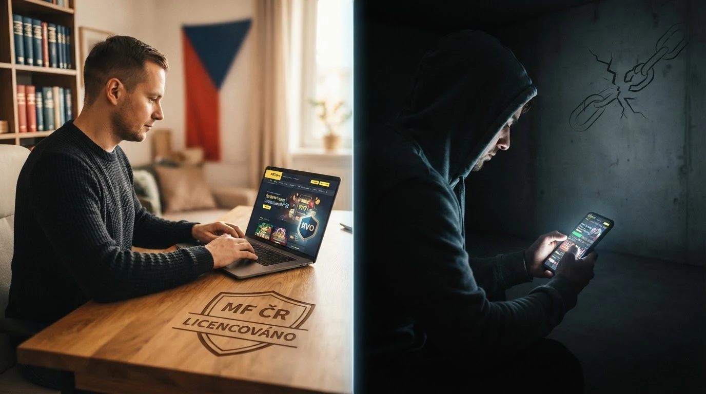 Dva sloupce — vlevo „s MF ČR licencí“ s ikonami ochrany (štít, RVO, podpora), vpravo „bez licence“ s prázdnými místy