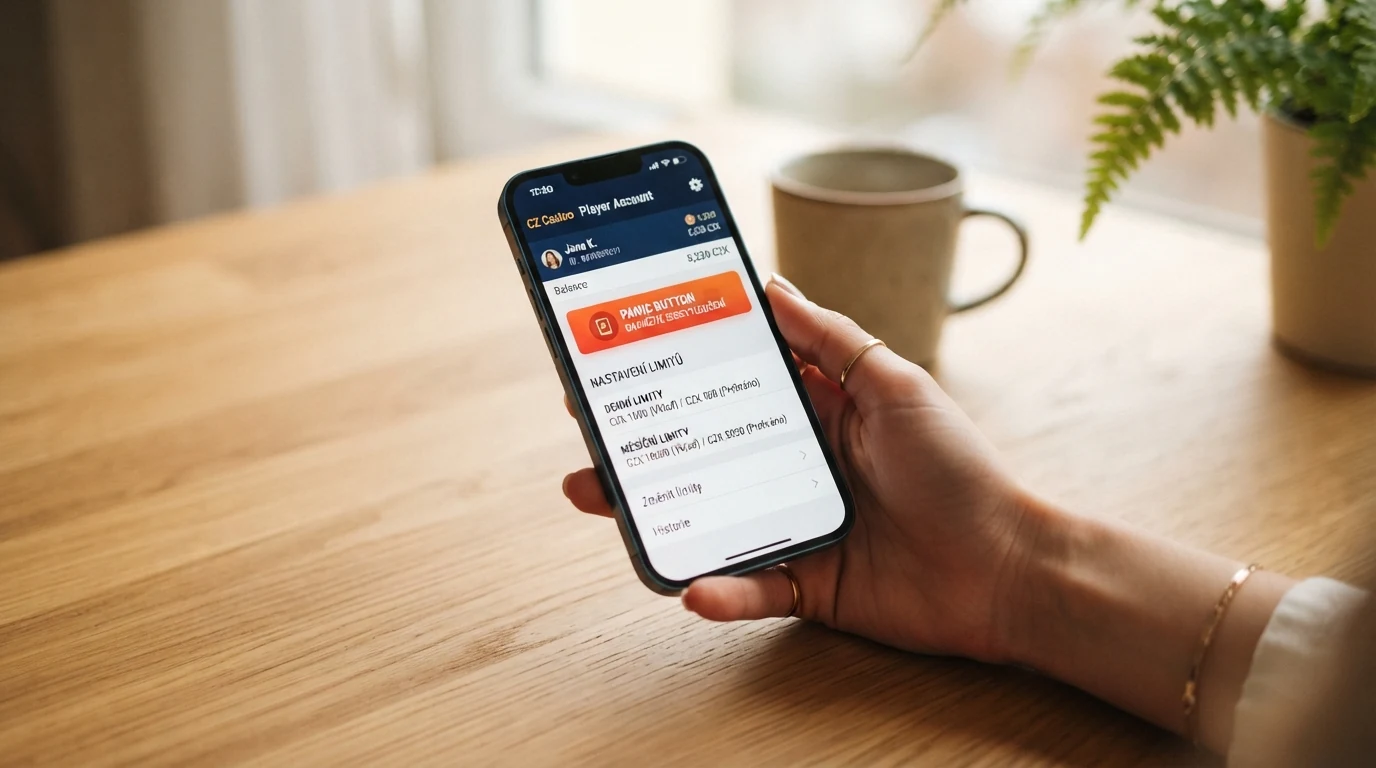 Mobilní telefon s otevřenou stránkou hráčského konta, na které je vidět tlačítko panic button a rozhraní pro nastavení finančních limitů
