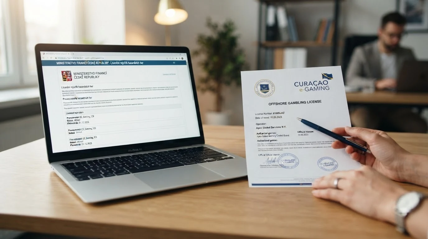 Grafické srovnání: logo Ministerstva financí ČR vedle loga offshore kasina s textem „licencováno v Curacao“ a varovným piktogramem