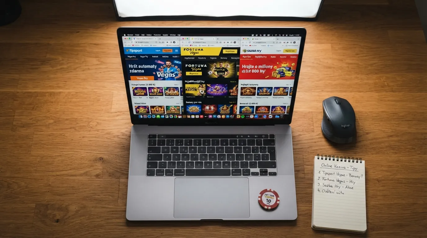 Domovské stránky českých online kasin na obrazovce notebooku — loga Tipsport Vegas, Fortuna, Sazka Hry a dalších