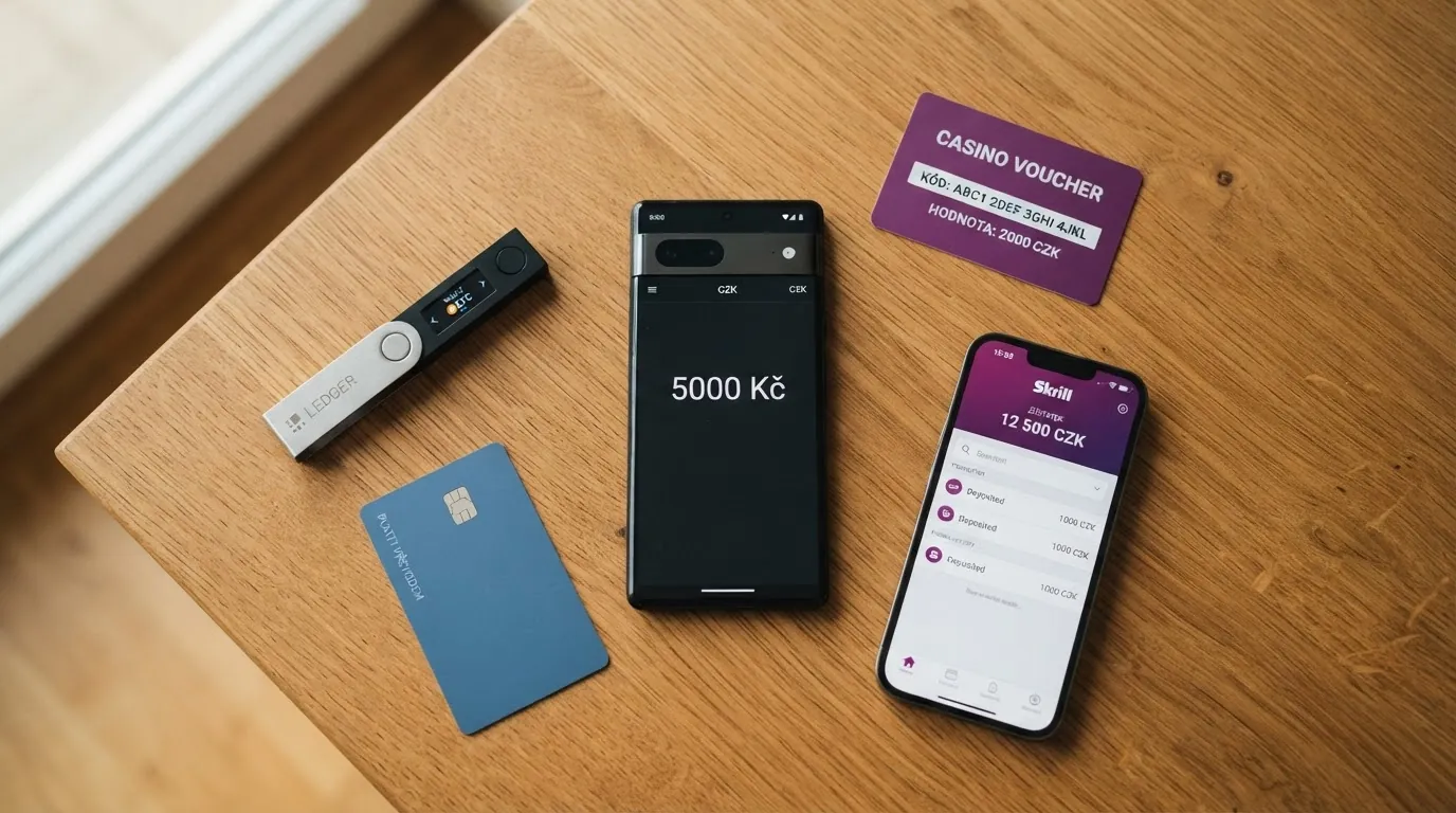 Rozložené platební prostředky na stole — hardwarová krypto peněženka, platební karta, Paysafecard voucher a mobil s Revolut aplikací.