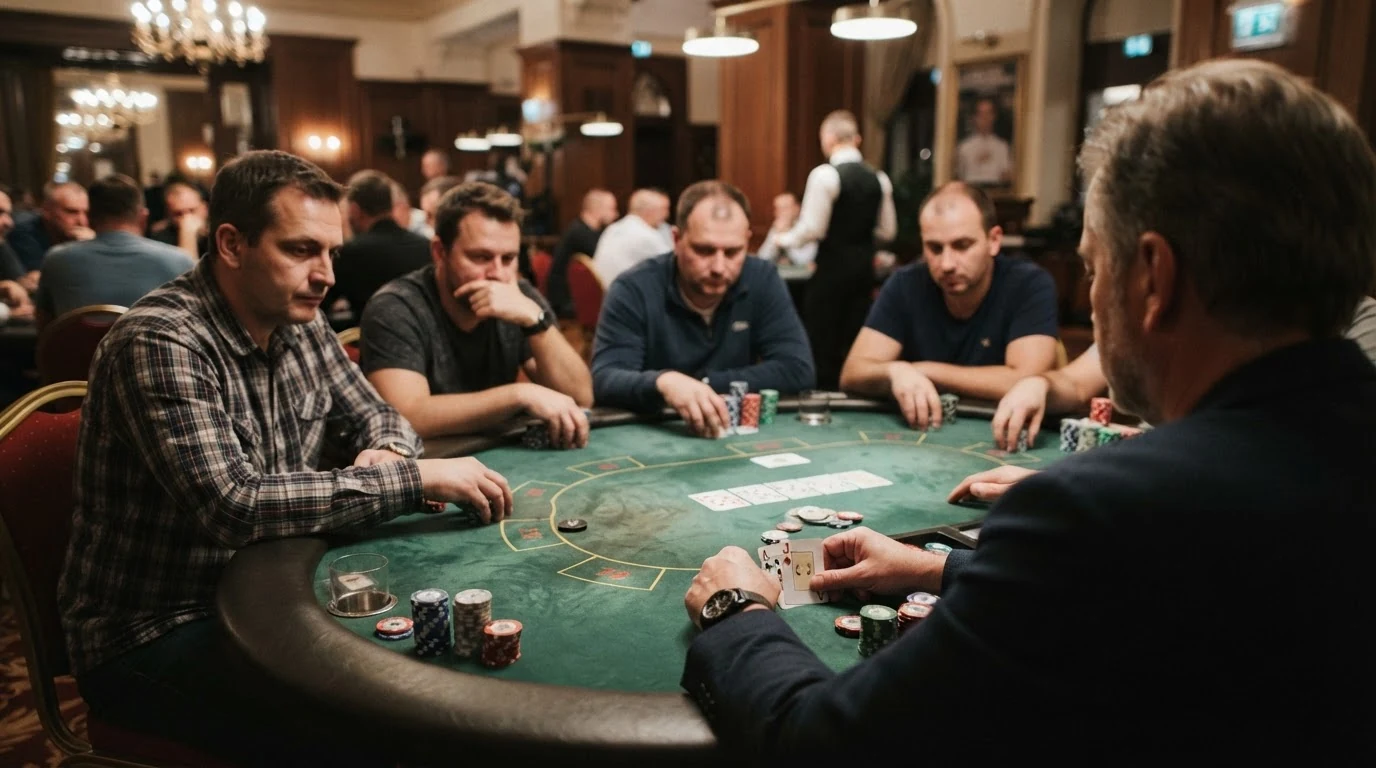 Pokerový stůl s hráči během turnaje v brněnském kasinu