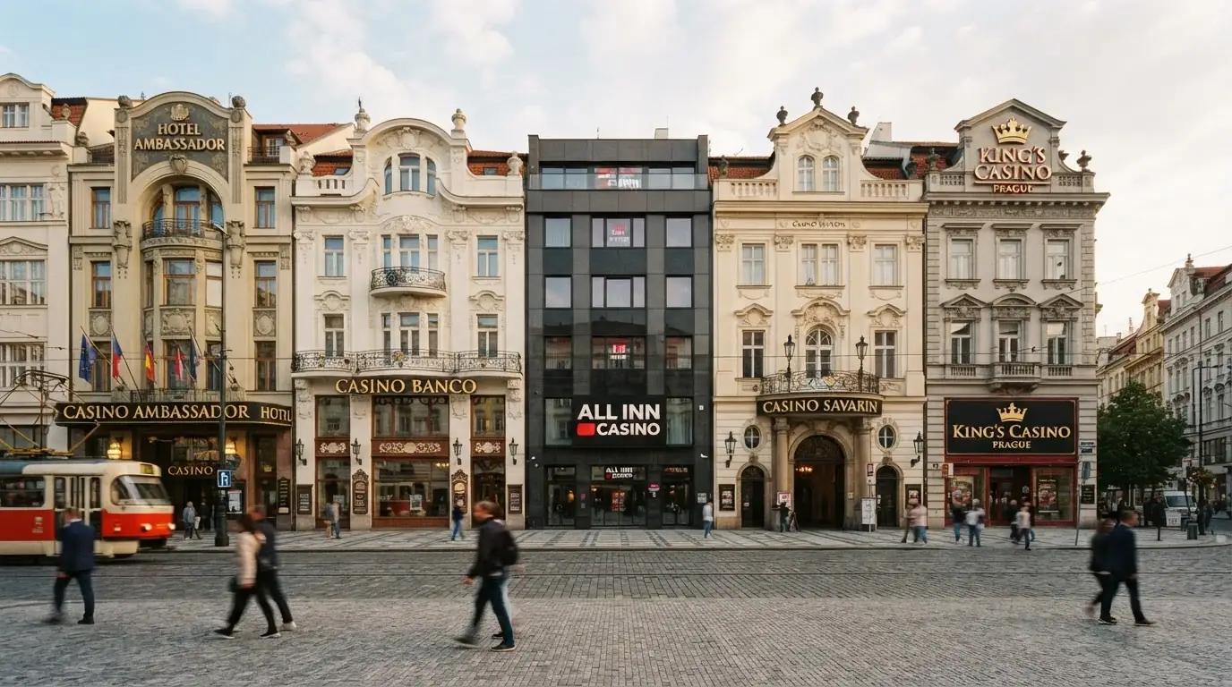 Koláž fasád a vstupů pěti porovnávaných pražských kasin