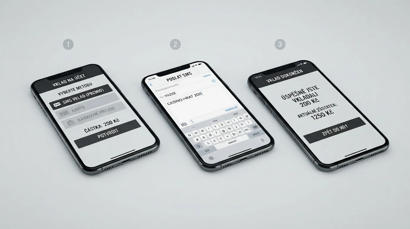 Infografika tří kroků SMS vkladu — výběr metody v pokladně, odeslání prémiové SMS, připsání kreditu na účet