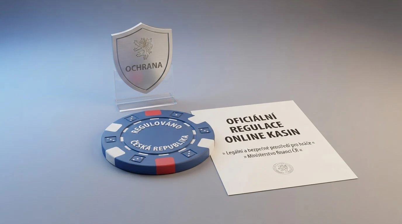 Úřední dokument s razítkem Ministerstva financí ČR vedle displeje s logem licencovaného online casina