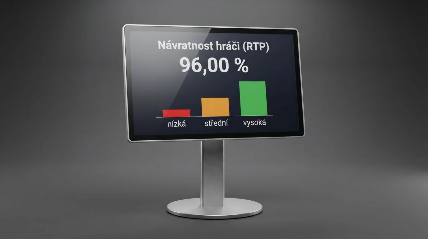 Detail informační obrazovky výherního automatu s vyznačenou hodnotou RTP a ukazatelem volatility