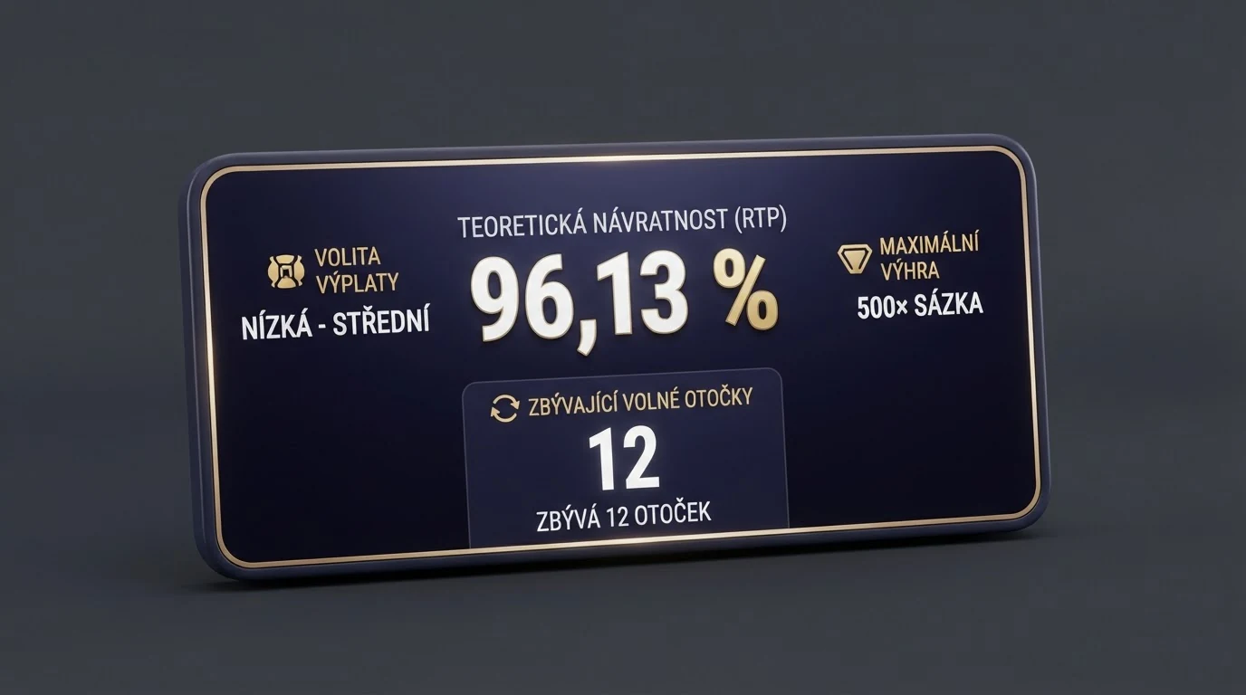 Informační panel automatu s údaji RTP, volatility a maximální výhry vedle počítadla zbývajících free spinů