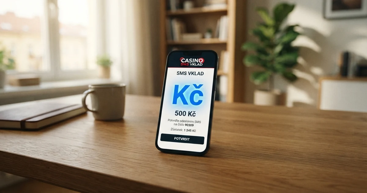 Mobilní telefon s otevřenou SMS zprávou potvrzující vklad na herní účet online casina